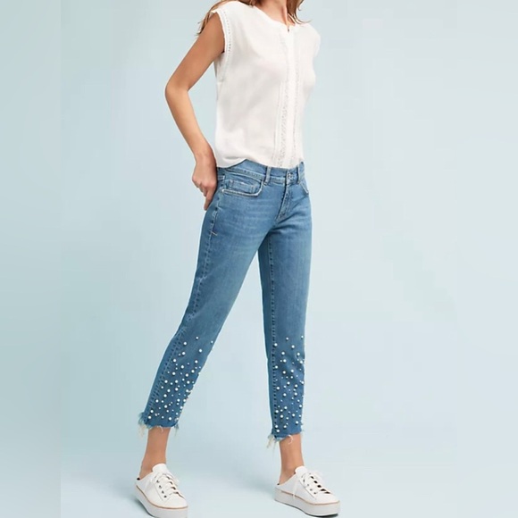 Anthropologie Pilcro Hyphen Jeans Size 27 Mid-Rise Pearl Rhinestone Embellished - Picture 1 of 11